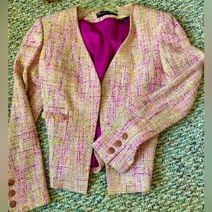 Dana Buchman jacket in pink & lime, heavy tweed. Rhinestone buttons. Size 6.